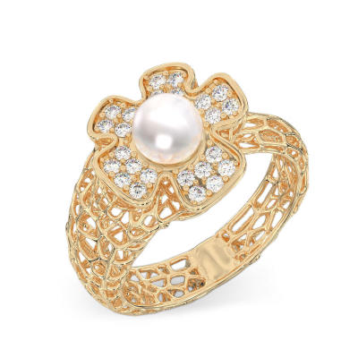 Coral Yellow Gold Ring with Flower