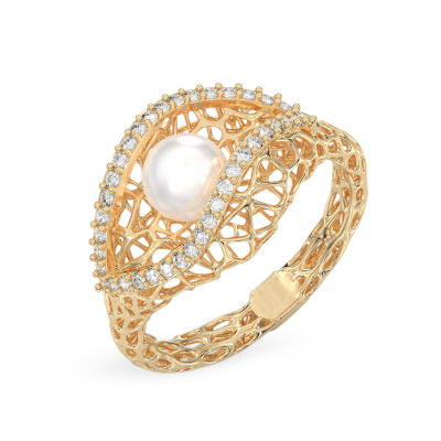 Seashell With Pearl Yellow Gold Ring