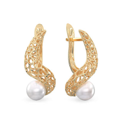 Snake with Pearl Yellow Gold Earrings