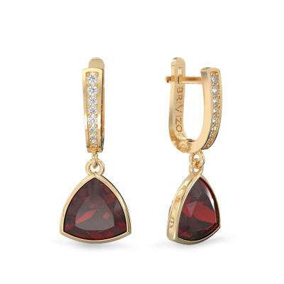 Yellow Gold Elegant Earrings With Trillion Garnet