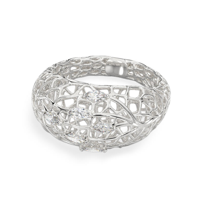 Coral Ring With Dew Drops From White Gold2