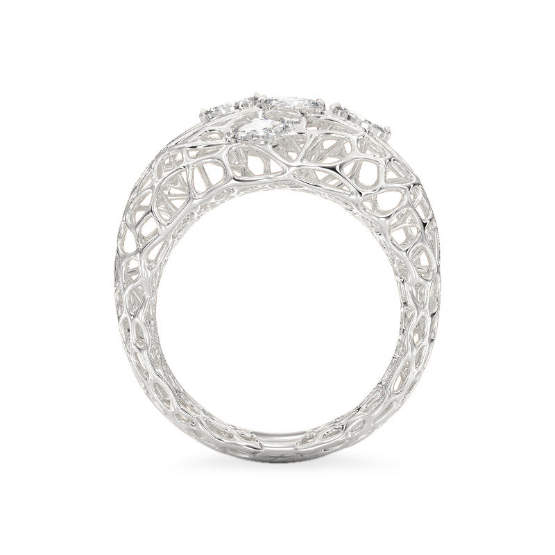 Coral Ring With Dew Drops From White Gold3