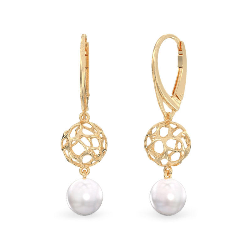 Coral Sphere with Pearl Earrings from Yellow Gold