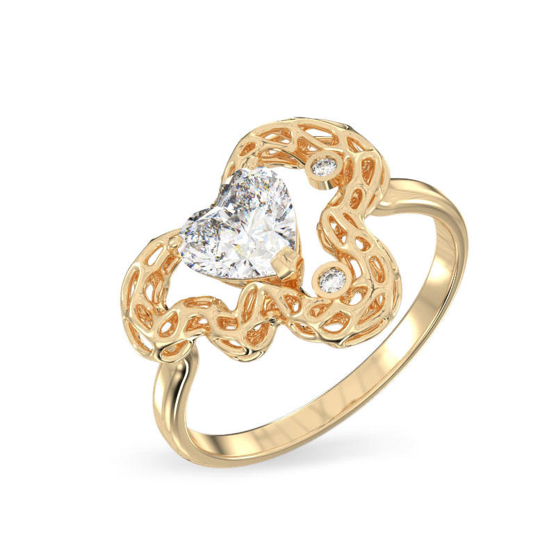 Elegant Leaf with Heart Yellow Gold Ring