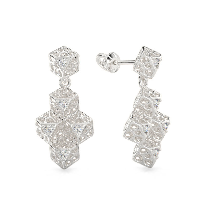 Elegant Cube White Gold Earrings